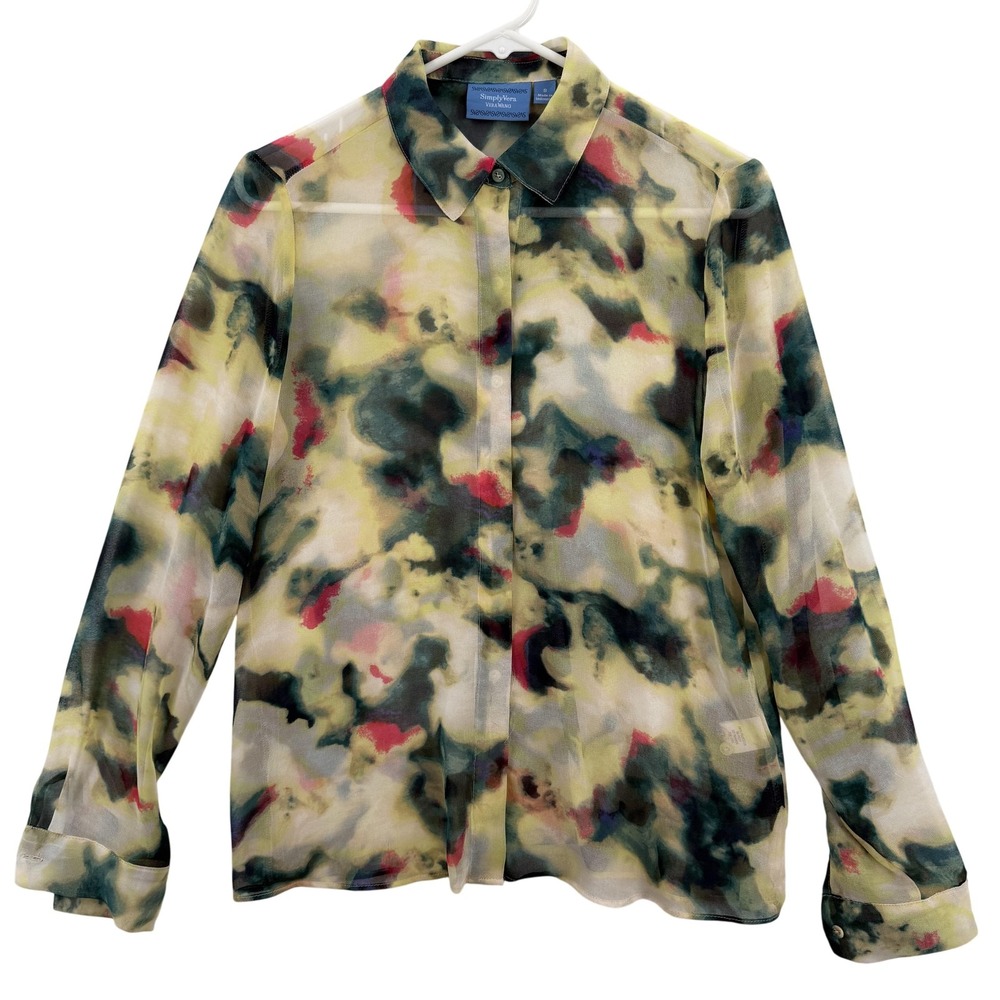 Simply Vera Vera Wang Womens Small Abstract Sheer Button Down Long Sleeve Shirt‎